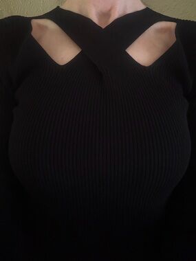 MICHAEL Michael Kors Black Ribbed Cross-Neck Long Sleeve Top